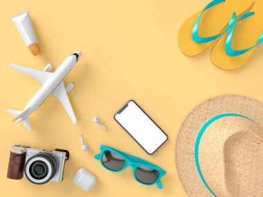 Mockups ve flatlay tarzı için farklı seyahat şeyler. 3d model render görselleştirme illüstrasyon