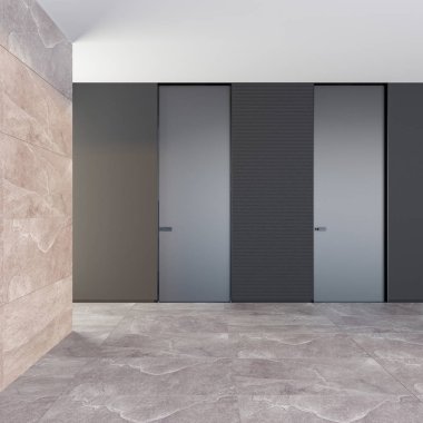 Bir taş zemin ve dokulu duvarlar Tarzı iç bir odada kapalı modern kapı. Fırsat kavramı