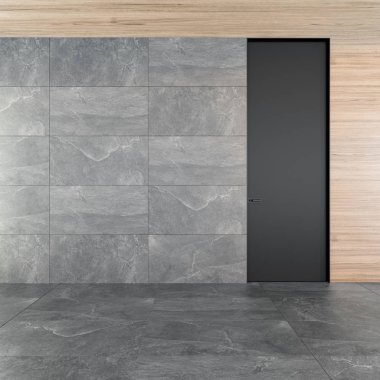 Bir taş zemin ve dokulu duvarlar Tarzı iç bir odada kapalı modern kapı. Fırsat kavramı