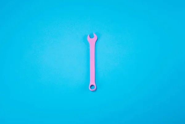 Pink hangszer fekszik a pasztell kék háttér. Minimális nyári együttműködés — Stock Fotó