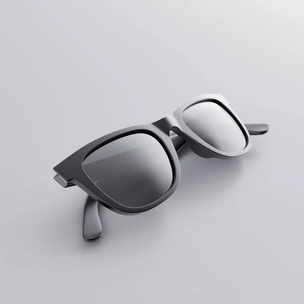 Realistic black sunglasses lie on gray background. Summer poster — Stock Photo, Image