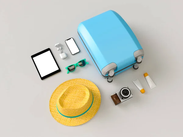 Kufr se slunečními brýlemi, pantofle, kloboukem, krém na opalování, telefon — Stock fotografie