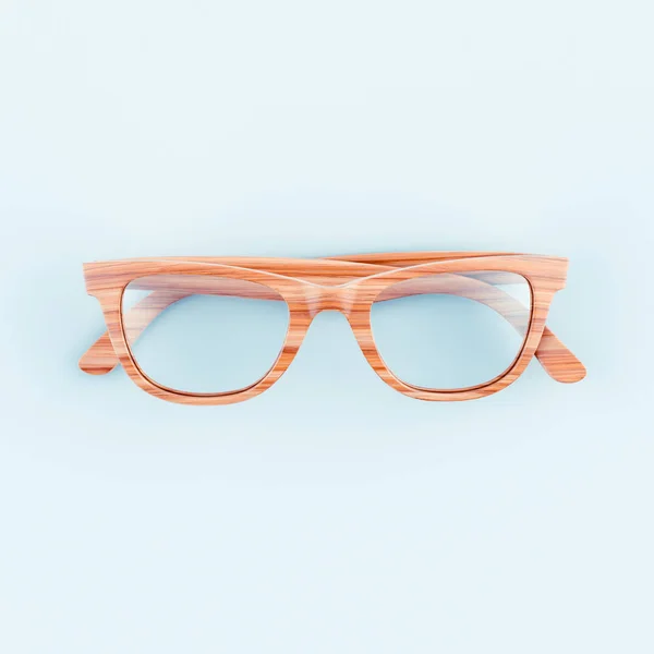 Eine realistische Holzsonnenbrille liegt auf blauem Hintergrund. Sommerposter. — Stockfoto