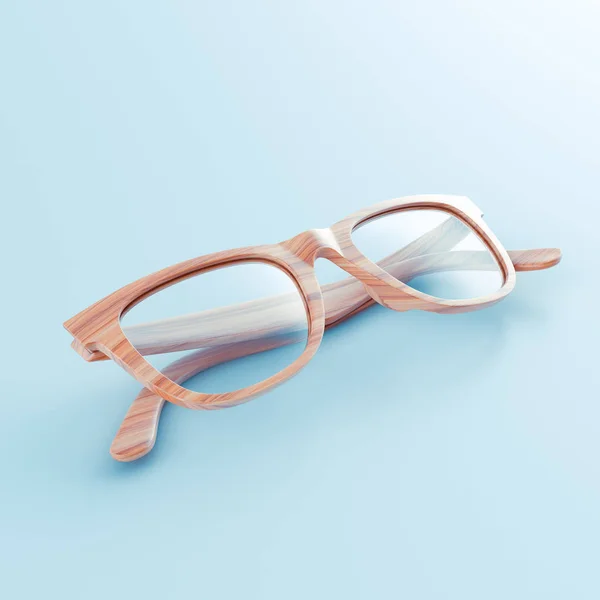 Realistic wood sunglasses lie on blue background. Summer poster. — Stock Photo, Image