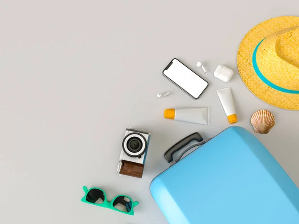 Valigia con occhiali da sole, pantofole, cappello, crema abbronzante, telefono e — Foto Stock
