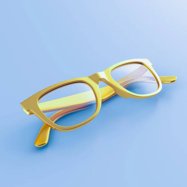 Eine goldene Sonnenbrille liegt auf blauem Grund. Sommerposter. — Stockfoto