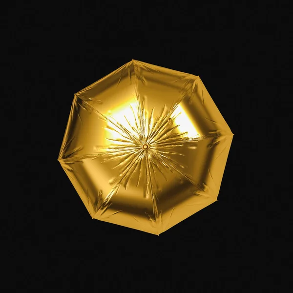 Ιπτάμενη χρυσή ομπρέλα απομονωμένη σε μαύρο φόντο. απόδοση 3D — Φωτογραφία Αρχείου