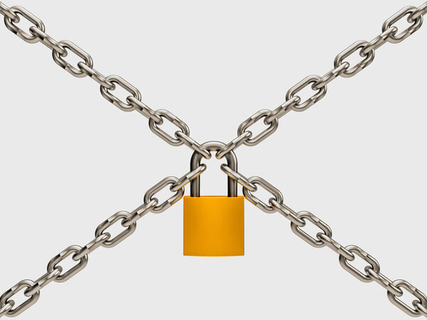 Flying golden lock isolated on white background. 3D rendering mo
