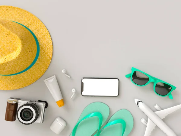 Maleta con gafas de sol, zapatillas, sombrero, crema de bronceado, teléfono y — Foto de Stock