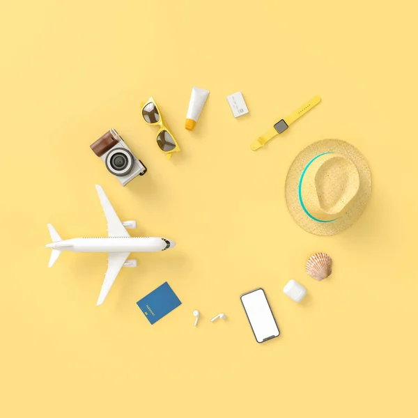 Maleta con gafas de sol, zapatillas, sombrero, crema bronceadora, teléfono Diferentes cosas de viaje para maquetas y estilo flatlay. Ilustración de visualización del modelo 3D — Foto de Stock