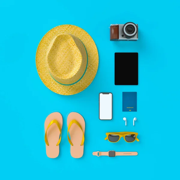 Diverse cose da viaggio per mockup e stile flatlay. Illustrazione di visualizzazione di rendering modello 3D — Foto Stock