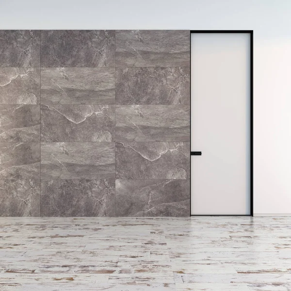 Closed modern door in a room with a stone floor and textured walls Style interior. Concept of an opportunity