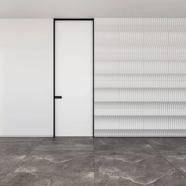 Zamknięte nowoczesne drzwi w pokoju z kamienną podłogą i teksturowane ściany styl wnętrza. Koncepcja szansy sprzedaży — Zdjęcie stockowe