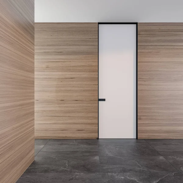 Closed modern door in a room with a stone floor and textured walls Style interior. Concept of an opportunity