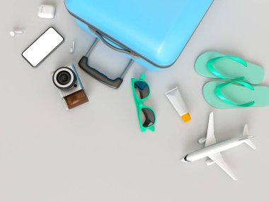 Güneş gözlüğü, terlik, şapka, güneş kremi, telefon ve kamera gri minimal tarzı arka plan ile Bavul. Seyahat konsepti. 3d model render görselleştirme illüstrasyon