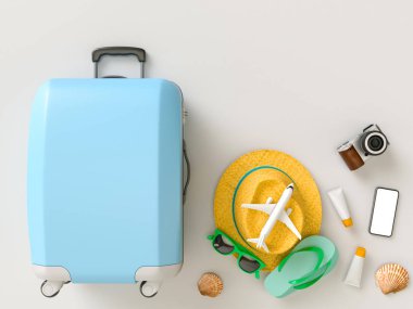 Güneş gözlüğü, terlik, şapka, güneş kremi, telefon ve kamera gri minimal tarzı arka plan ile Bavul. Seyahat konsepti. 3d model render görselleştirme illüstrasyon