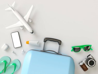 Güneş gözlüğü, terlik, şapka, güneş kremi, telefon ve kamera gri minimal tarzı arka plan ile Bavul. Seyahat konsepti. 3d model render görselleştirme illüstrasyon