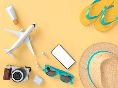 Güneş gözlüğü, terlik, şapka, güneş kremi, telefon ve turuncu minimal tarzı arka plan kamera ile Flatlay. Seyahat konsepti. 3d model render görselleştirme illüstrasyon