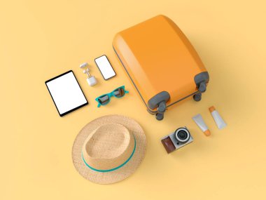 Güneş gözlüğü, terlik, şapka, güneş kremi, telefon ve turuncu minimal tarzı arka plan kamera ile Flatlay. Seyahat konsepti. 3d model render görselleştirme illüstrasyon