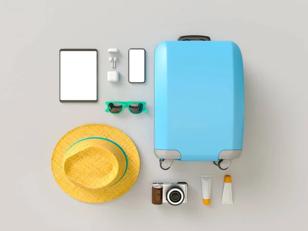 Koffer met zonnebril, slippers, hoed, zonnebrandcrème, telefoon en camera op grijze minimalistische stijl achtergrond. Reis concept. 3D model render visualisatie illustratie — Stockfoto