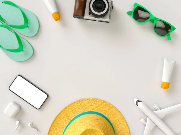 Maleta con gafas de sol, zapatillas, sombrero, crema bronceadora, teléfono y cámara sobre fondo gris de estilo minimalista. Concepto de viaje. Ilustración de visualización del modelo 3D — Foto de Stock