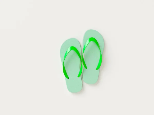 Groene slippers op grijze minimale stijl achtergrond. Reis concept. 3D model render visualisatie illustratie — Stockfoto