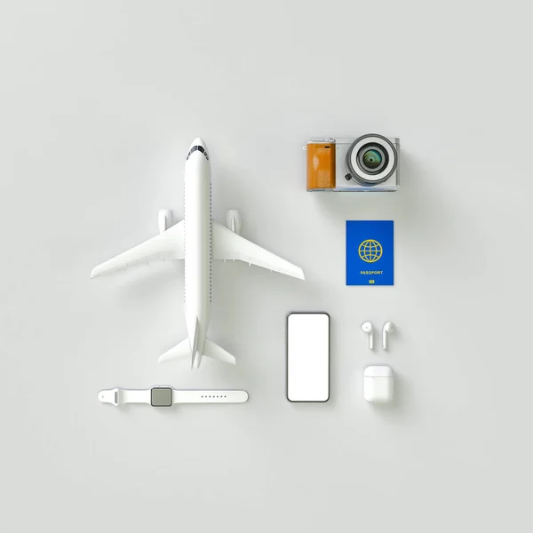 선글라스, 슬리퍼, 모자, 선탠 크림, 전화 및 카메라가있는 파란색 가방이있는 플랫 레이 (flatlay). 여행 개념. 3D 모델 렌더링 시각화 일러스트레이션 — 스톡 사진