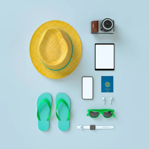 Flatlay con maleta azul con gafas de sol, zapatillas, sombrero, crema bronceadora, teléfono y cámara sobre fondo gris de estilo minimalista. Concepto de viaje. Ilustración de visualización del modelo 3D — Foto de Stock
