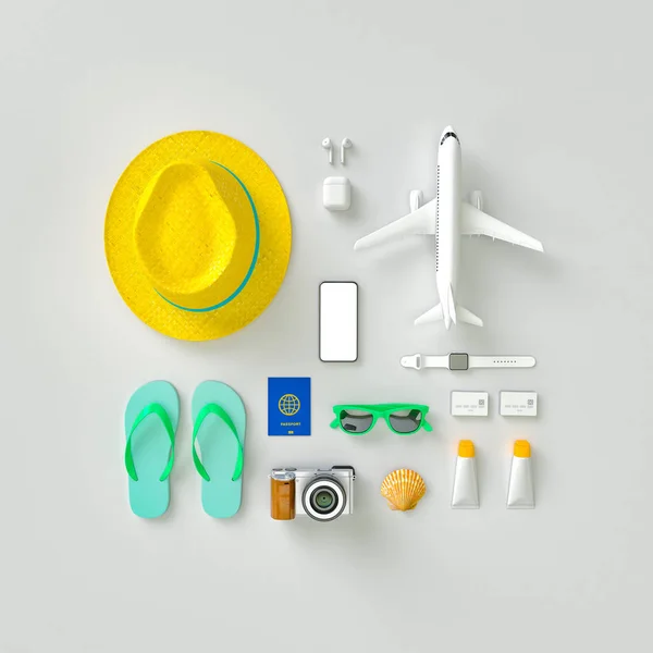 Srovnejme s modrým kufříkem se slunečními brýlemi, pantofle, kloboukem, krém na opalování, telefonem a fotoaparátem na šedém pozadí. Cestovní koncept. vizualizace vykreslení 3D modelu – ilustrace — Stock fotografie