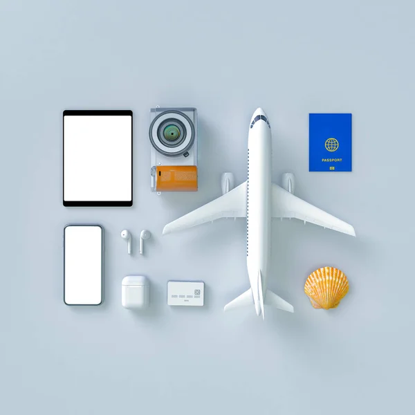 선글라스, 슬리퍼, 모자, 선탠 크림, 전화 및 카메라가있는 파란색 가방이있는 플랫 레이 (flatlay). 여행 개념. 3D 모델 렌더링 시각화 일러스트레이션 — 스톡 사진