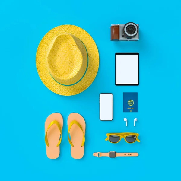 Plancha con sombrero con gafas de sol, avión de juguete, zapatillas, sombrero, crema bronceadora, teléfono y cámara sobre fondo azul de estilo minimalista. Concepto de viaje. Ilustración de visualización del modelo 3D — Foto de Stock