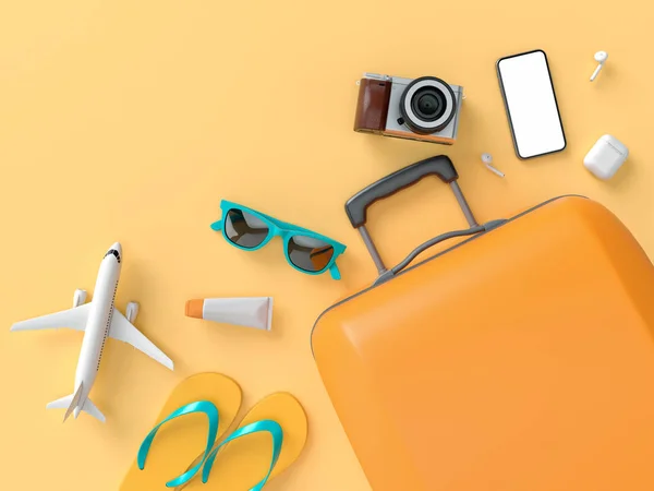 Flatlay met zonnebril, slippers, hoed, zonnebrandcrème, telefoon en camera op oranje minimale stijl achtergrond. Reis concept. 3D model render visualisatie illustratie — Stockfoto