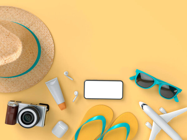 Flatlay with sun glasses, slippers, hat, suntan cream, phone and camera on orange minimal style background. Travel concept. 3D model render visualization illustration