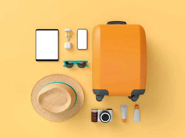 Flatlay con gafas de sol, zapatillas, sombrero, crema bronceadora, teléfono y cámara sobre fondo naranja de estilo minimalista. Concepto de viaje. Ilustración de visualización del modelo 3D —  Fotos de Stock