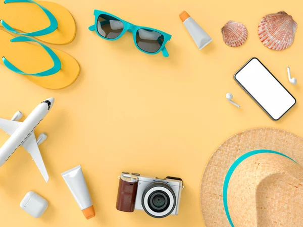 Flatlay con gafas de sol, zapatillas, sombrero, crema bronceadora, teléfono y cámara sobre fondo naranja de estilo minimalista. Concepto de viaje. Ilustración de visualización del modelo 3D — Foto de Stock