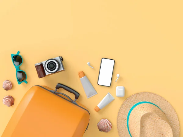 Flatlay met zonnebril, slippers, hoed, zonnebrandcrème, telefoon en camera op oranje minimale stijl achtergrond. Reis concept. 3D model render visualisatie illustratie — Stockfoto