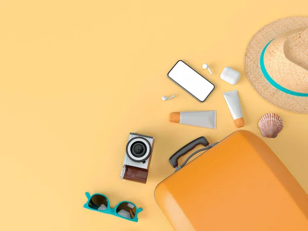 Flatlay con occhiali da sole, pantofole, cappello, crema abbronzante, telefono e fotocamera su sfondo arancione stile minimal. Concetto di viaggio. Illustrazione di visualizzazione di rendering modello 3D — Foto Stock