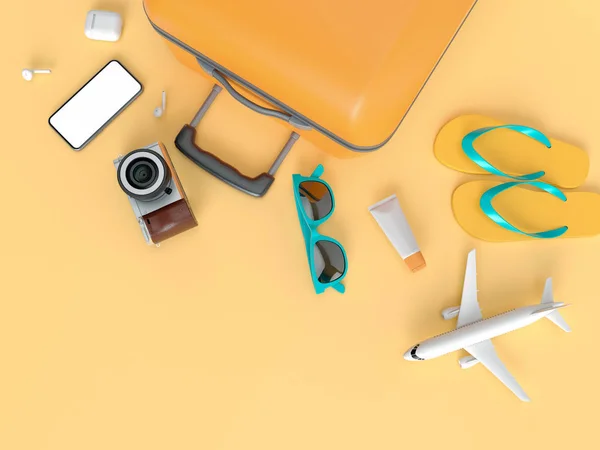 Flatlay met zonnebril, slippers, hoed, zonnebrandcrème, telefoon en camera op oranje minimale stijl achtergrond. Reis concept. 3D model render visualisatie illustratie — Stockfoto