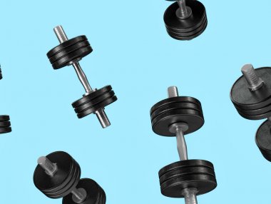 Arka planda farklı spor ekipmanları. 3D render illüstrasyon