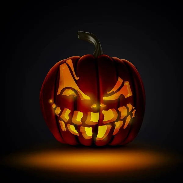 Calabazas de Halloween aterradoras en madera en un lugar espeluznante por la noche. Concepto de cartel — Foto de Stock