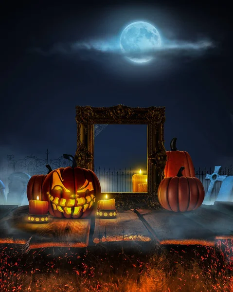 Scary Halloween pumpkins on wood in a spooky place at night. Poster concept — Stock Photo, Image