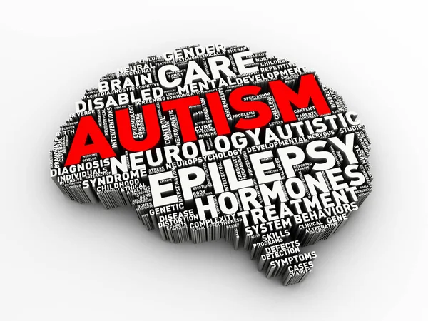 Renderowania Mózgu Kształt Słowo Chmura Tagów Świadomości Autyzmu — Zdjęcie stockowe
