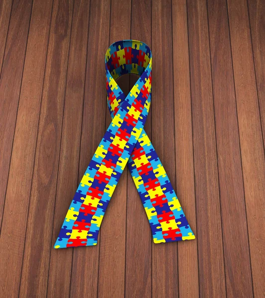 Renderowania Wstążka Wzór Puzzle Symbolizująca Autyzmu — Zdjęcie stockowe