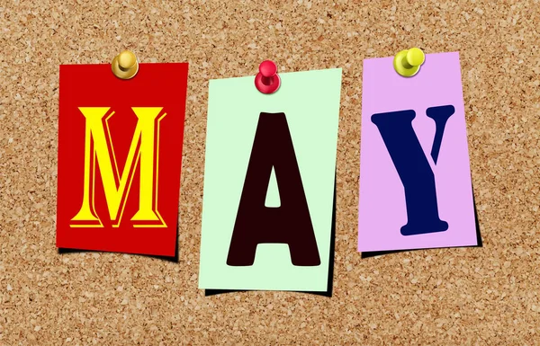 The may magazine cutout letters pinned to cork noticeboard — Stock Photo, Image