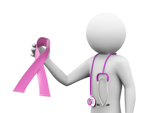 3d 医生拿着粉红色乳腺癌丝带 — 图库照片