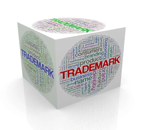 3d cubo wordcloud etiquetas de palabras de marca registrada —  Fotos de Stock