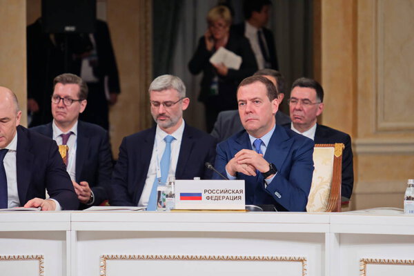 Almaty / Kazakhstan - 02.07.2018 : Dmitry Medvedev. Prime Minister of the Russian Federation at the meeting of heads of government of the EAEU countries
