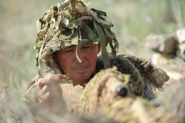 Almaty Region Kazakstan 2011 Militär Utbildning Bland Krypskyttar Öva Soldaternas — Stockfoto
