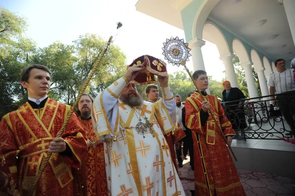 Almaty Kazachstan 2011 Geestelijkheid Leidt Openings Inwijdingsceremonie Van Nieuwe Kerk — Stockfoto