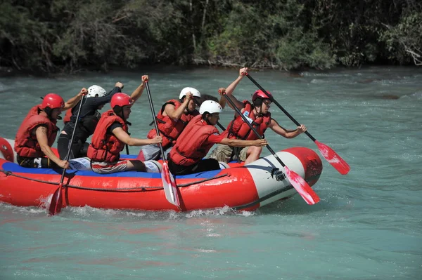 Almaty Kazakhstan 2011 Rafting Mountain River Rafts Inflatable Boats Group — Stock Photo, Image